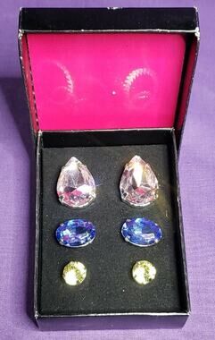 SAQ Signed 3 Pairs of Large Stud Earrings Pink Glass Blue & Yellow Acrylic w/box